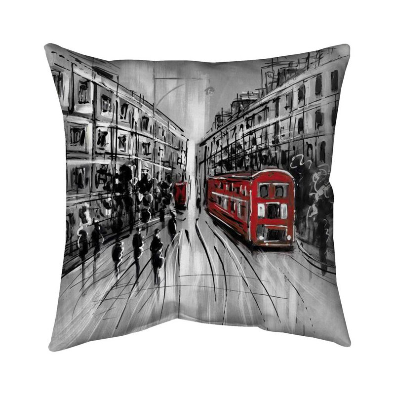 Black and white street with red bus - 18"x18" Throw pillow cover - Poly twill - Print on demand