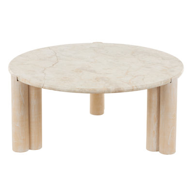 Cole And Grey Teak Wood Handmade Living Room Cream Coffee Table With Beige Marble Tabletop