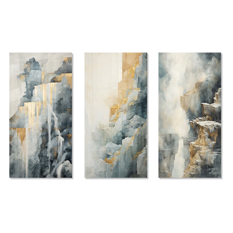 Scène d'aventure en cascade dorée et grise, H 28 po x l 36 po, Toile tendue