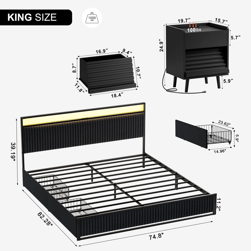 Grise 3 Piece Bedroom Sets,Upholstered Bed With 2 Drawers & 2 Slanted Nightstand, King, Black/Black