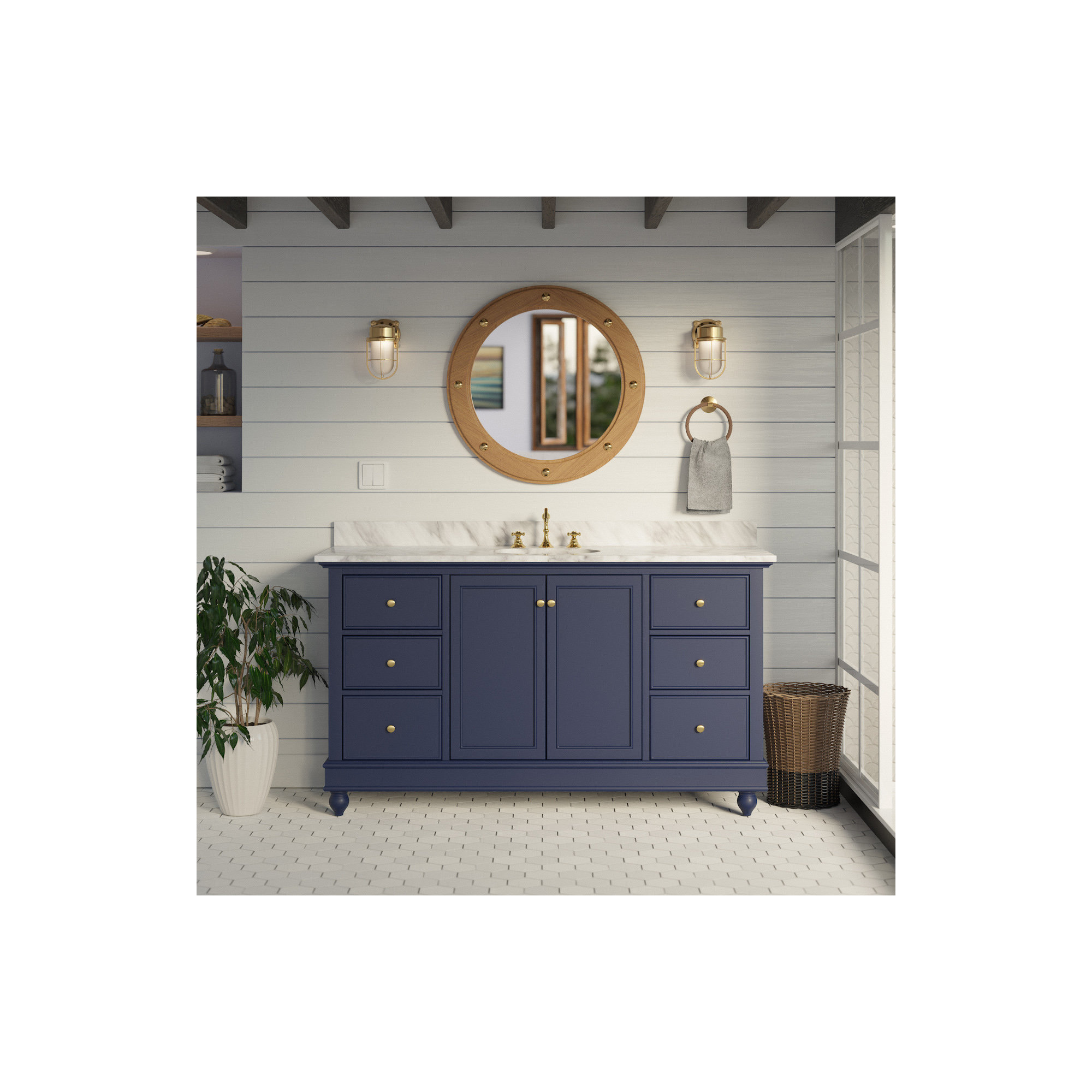 Ferdinand 60'' Single Bathroom Vanity, Carrara Marble, Royal Blue
