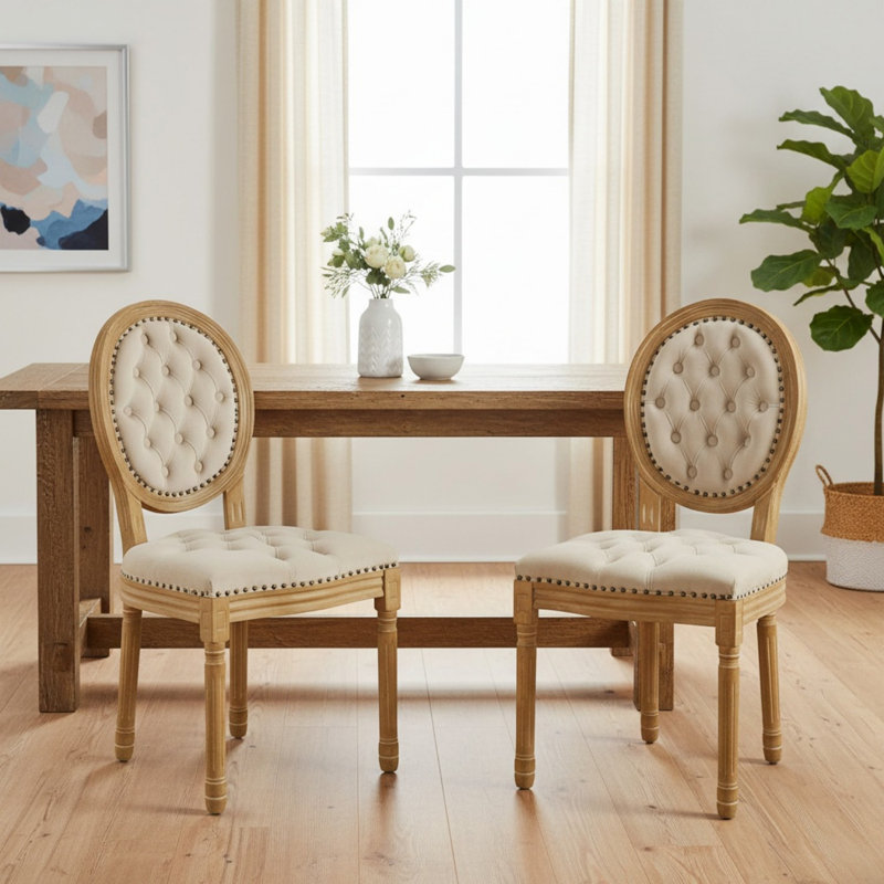 Upholstered Tufted Side Chair With Nailhead Trim Decor King Louis Back Solid Wood Dining Chairs, Set of 2, Beige