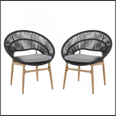 Chaise de salle à manger d'extérieur en osier de style papasan, pieds en teck et faux rotin gris foncé, coussin gris foncé, ensemble de 2