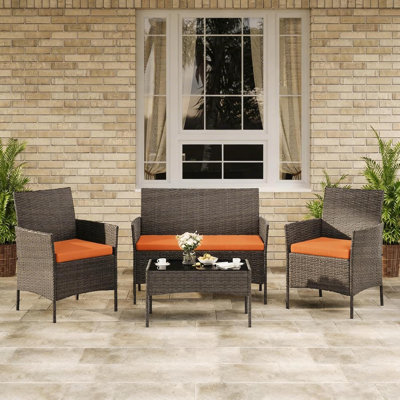 Ensemble de meubles de patio 4 pièces, mobilier d'extérieur en osier avec table basse en verre, ensemble de conversation en rotin gris avec coussins lavables pour la cour, le porche, la piscine, le jardin