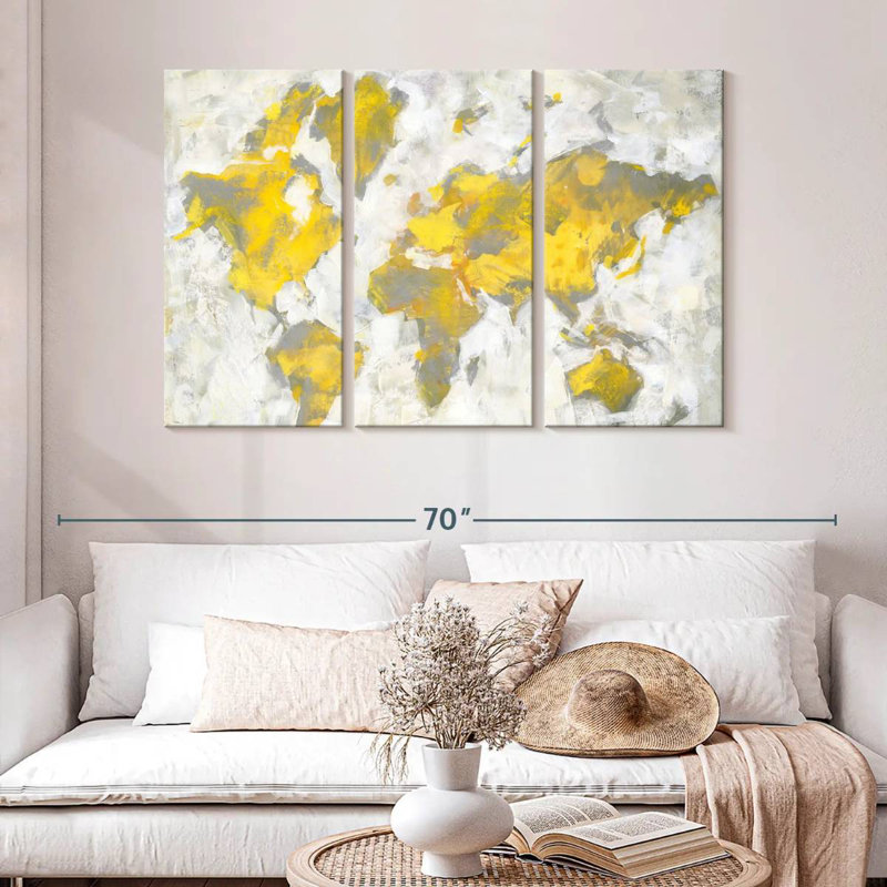 Aliaz World Map Yellow Gray, 32" H x 50" W