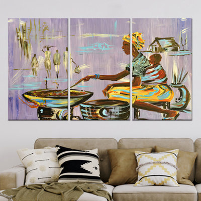 Reproduction d'art mural sur toile imprimée: Élégante scène de cuisine d'une femme africaine, toile tendue 3P