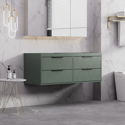 Base de meuble-lavabo double mural 48 po avec meuble-lavabo double 48 po, base flottante moderne avec 4 tiroirs à fermeture en douceur et motif à losanges géométriques, vert sauge