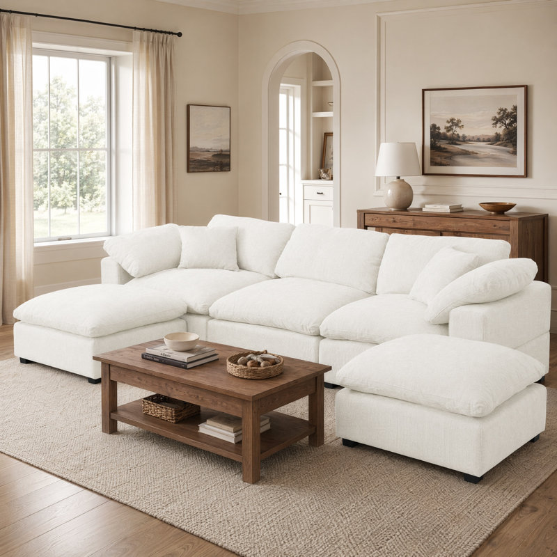 Canapé modulaire moelleux moelleux en forme de U avec repose-pieds et accoudoirs coussinés, Cream White Chenille
