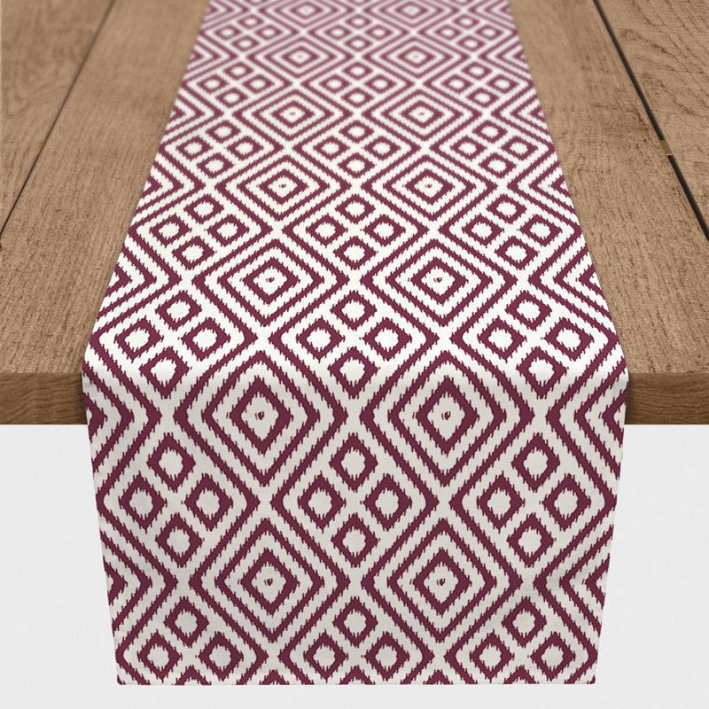 Chemin de table en losanges pointillé Nalston, 72 po x 16 po, Bourgogne, Ikat