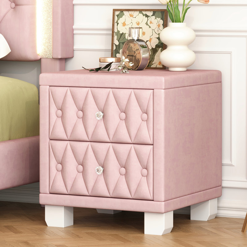Élégante table de chevet rose avec 2 tiroirs à poignées en cristal, velours à boutons pour décor de chambre à coucher, poignées et tiroirs de table de chevet, pièce
