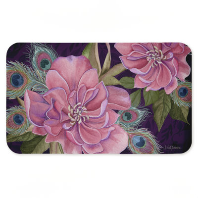 Tapis de sol anti-fatigue imprimé plumes de paon Midnight Garden, par Nicole Tamarin, 30 po x 18 po