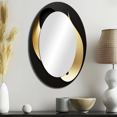 Golden Droplets On Black - Abstract Oval Decorative Mirror On Metal