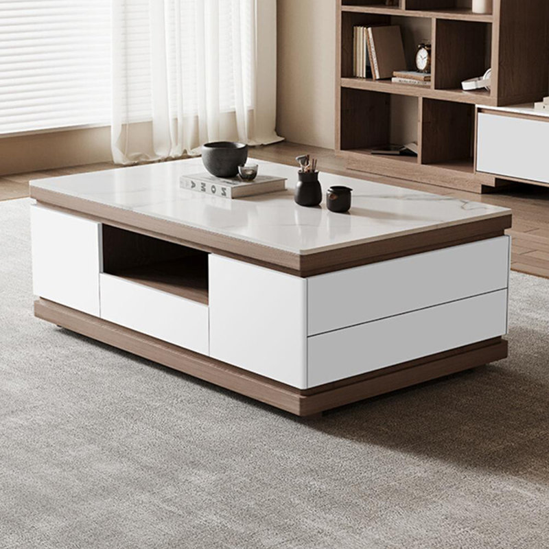Table basse en bois avec tiroirs de rangement cachés, H 21,65 po x L 51,18 po x l 27,55 po, Brun / Blanc, Blanc / Blanc