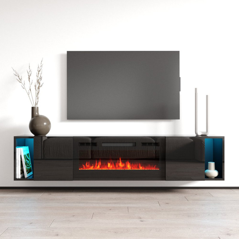 Meuble télé serré avec foyer électrique Serrel, Noir foncé