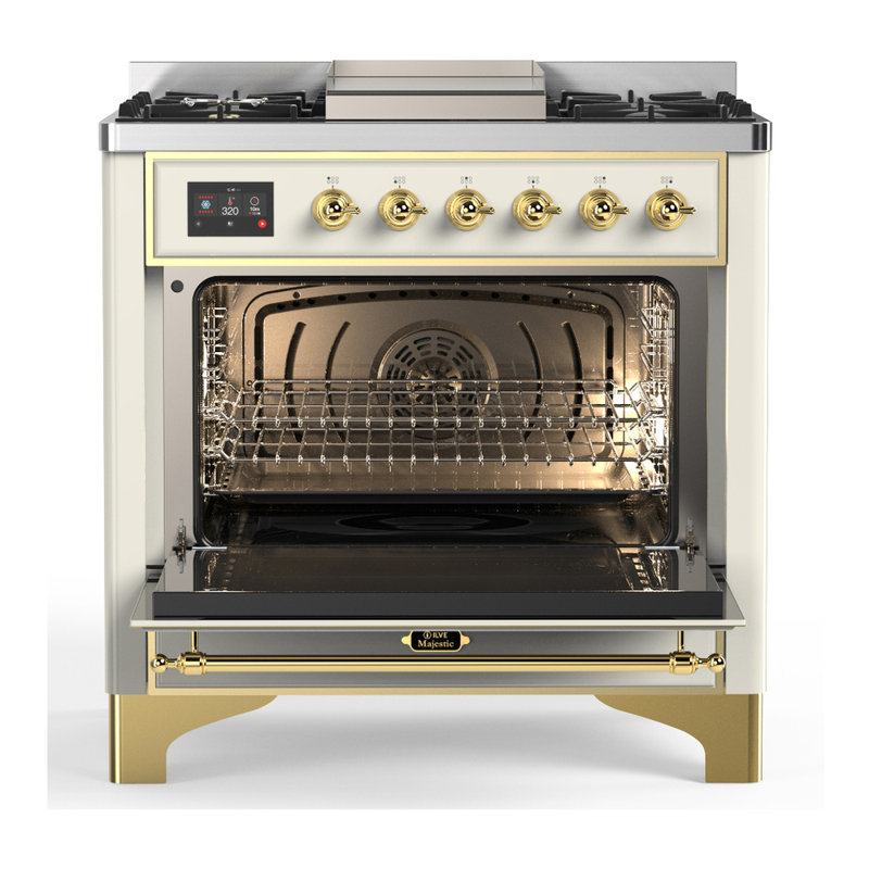Majestic III Series 36 Inch Dual Fuel Range with 6 Sealed Burners, Griddle, in Glossy Black (Natural Gas, Brass Trim), Brass