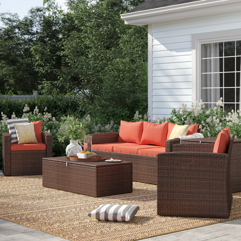 Arlington Wicker 5 - Person Seating Group with Cushions, Dark Brown Frame/Orange Cushion