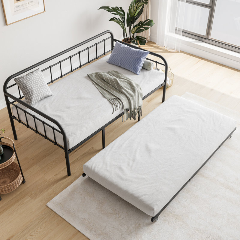 Metal Daybed Frame With Trundle, Heavy Duty Steel Slat Support Sofa Bed Platform With Headboard, No Box Spring Needed