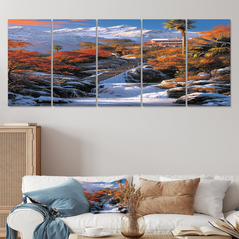 «Stairs To Villa On Hill Winter Snow - Winter Mountains», ensemble de 5 décorations murales, H 32 po x l 80 po