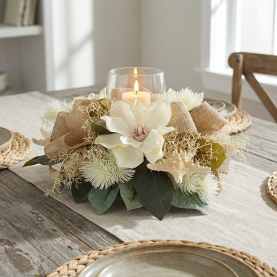 Coastal Candle Holder with Magnolias, Coral Ferns and Starfish