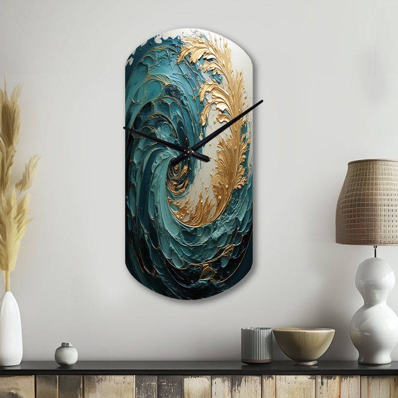 Gold Teal Ocean Spiral V - Cylinder Shape Large Abstract Spirals 3D Wall Clock, Small