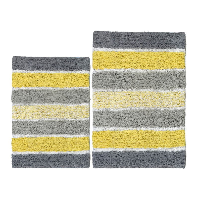 Ensemble de 2 tapis de bain à rayures antidérapants 100% coton Cervantes, Jaune/gris, 21''x34''/17''x24''