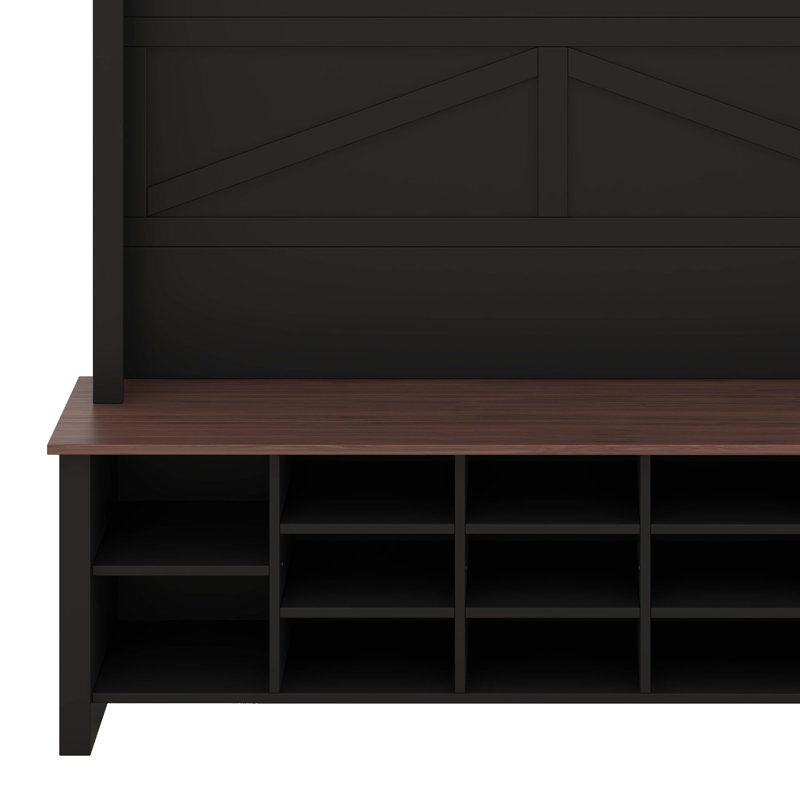4-In-1 Hall Tree With 6 Hooks, Walnut Entryway Bench With Adjustable Shelves, Shoe Organizer With 16 Open Compartments, Black