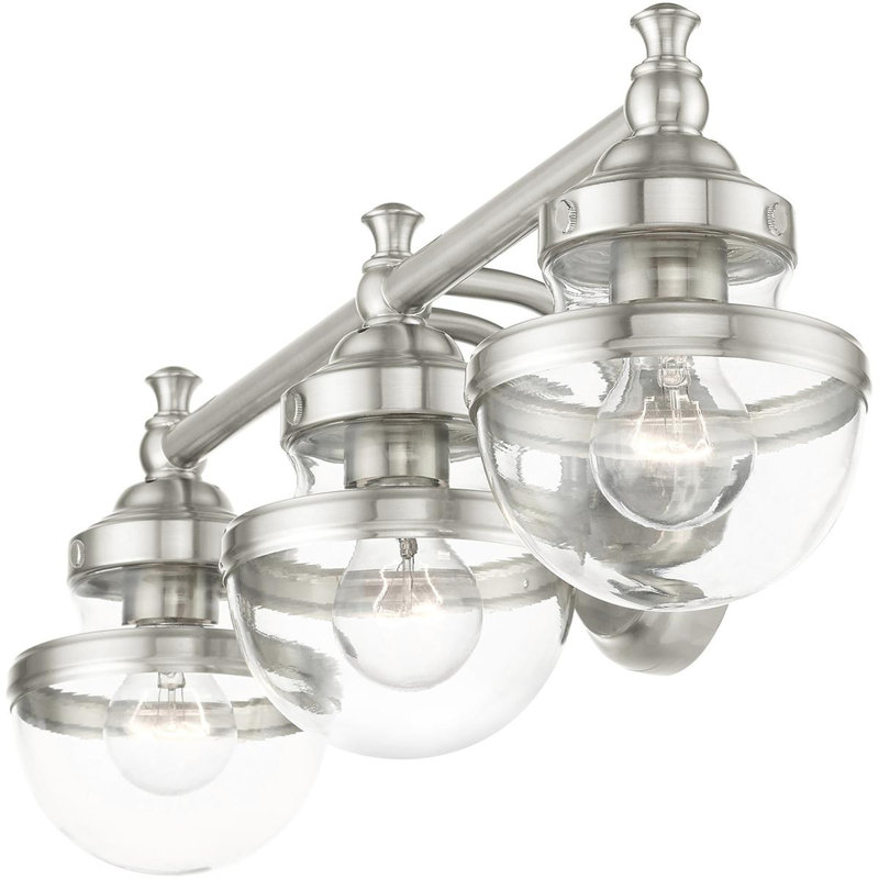 Éclairage pour salle de bain avec abat-jour en verre - luminaire de 24 po à 3 lumières., Transparent, Nickel brossé