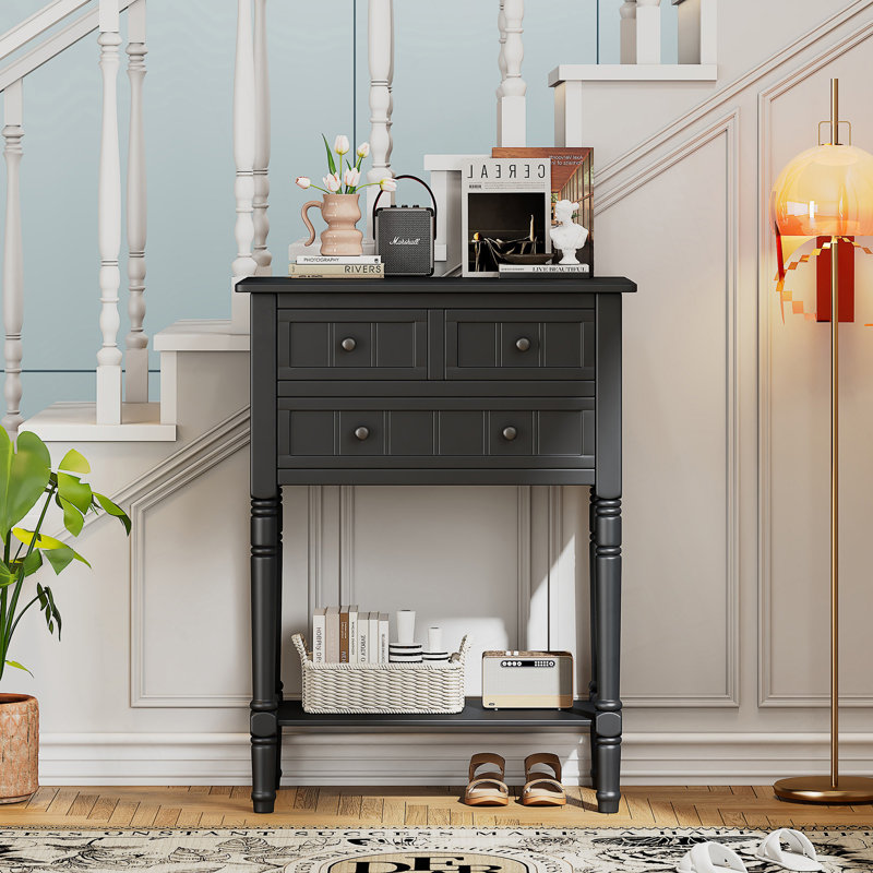 Weinman Modern Rustic Solid Wood Narrow Console Table with 3 Drawers and Bottom Shelf for Hallways, Entryways, or Behind Sofas