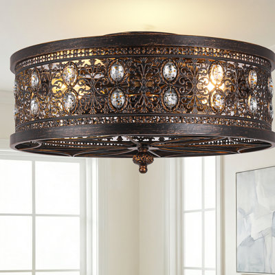 20" Ornate Vintage Farmhouse Crystal Fandelier, Low Profile Flush Mount Ceiling Fan with Remote, Distressed Black and Bronze Caged Fan for Bedroom, Kitchen, and Entryway
