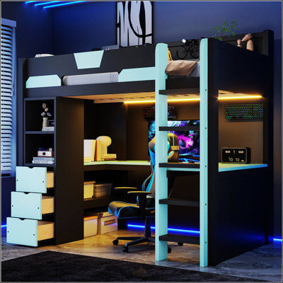 Lit mezzanine en bois pleine grandeur avec bureau en forme de U, lumières DEL RVB intelligentes et ports USB, canapé-lit multifonctionnel à 3 tiroirs et tablettes de rangement pour adolescents, noir et rouge