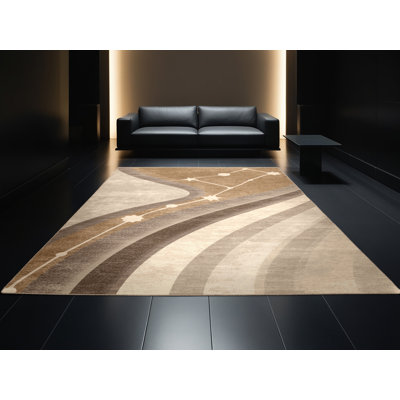 Machine Washable Pantelie Contemporary Arc Rug in Brown – Beige Binding