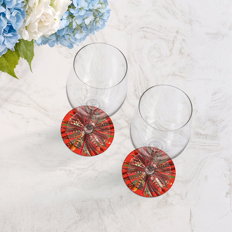 Pheasant Feathers Yellow Vegan Leather Round Coasters, Pumpkin