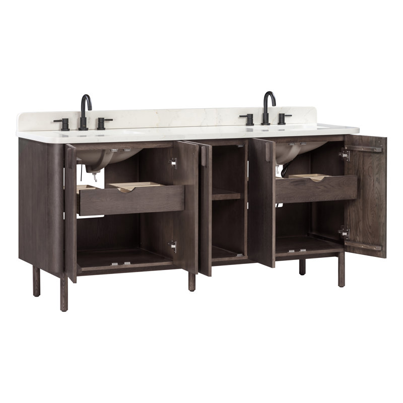 Blakely 72" Free Standing Double Bathroom Vanity with Quartz Top, Brown, Black, 73"