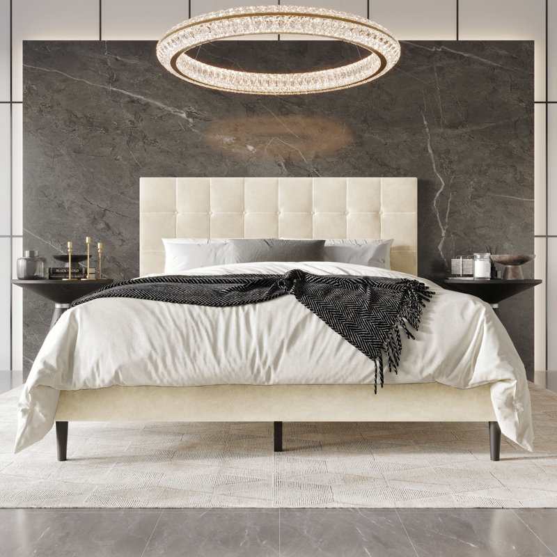 Yerington Upholstered Platform Bed, Beige, King