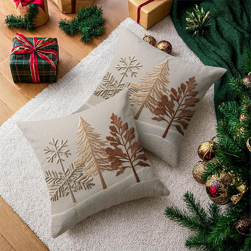 Housses de coussin flocon de neige - beige - 18 x 18 pouces, velours doux, pin rustique d'hiver et bouleau