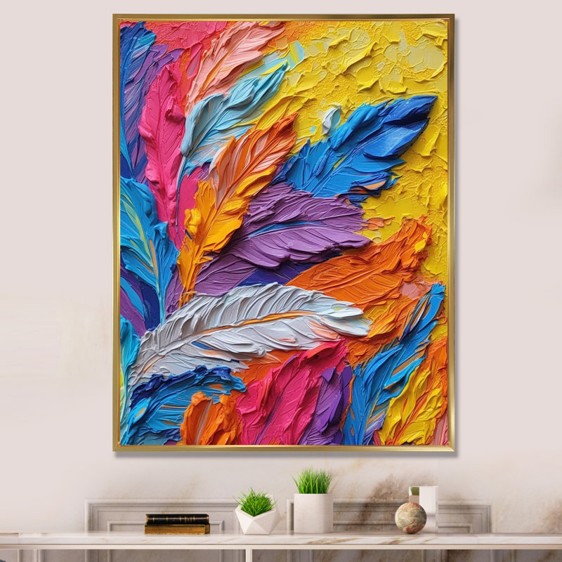 «Rough Texture Colorful Feathers», reproduction d'art sur toile, H 40 po x l 30 po x P 1,5 po, Cadre flottant doré