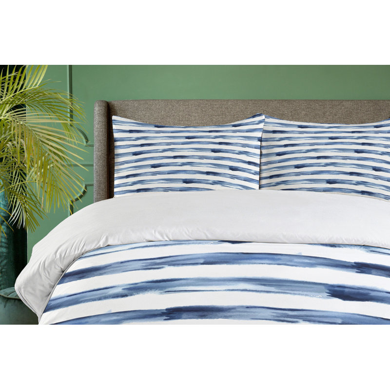 California King Night Blue and White Striped Duvet Cover Set
