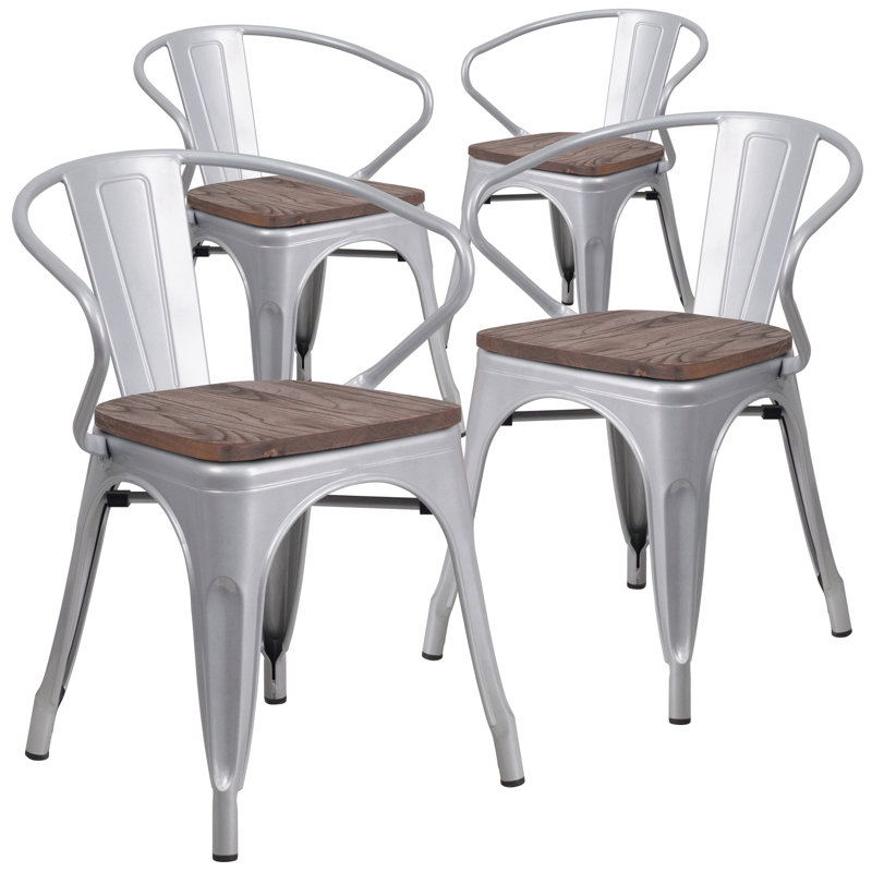 Kester 4 Pk. Metal Chair with Wood Seat and Arms, Silver