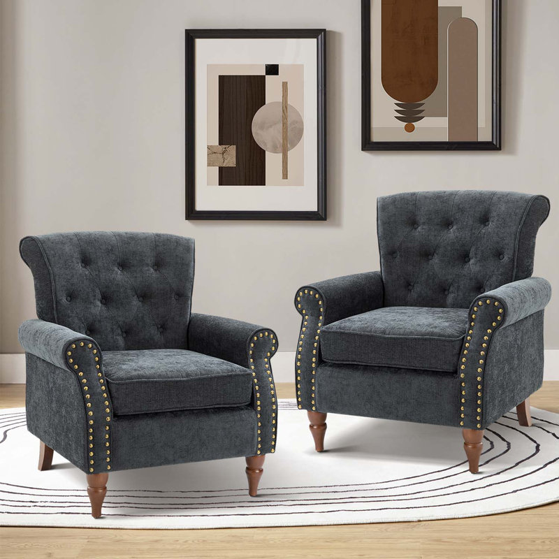 Anine 29.5" W Tufted Armchair, Charcoal Polyester