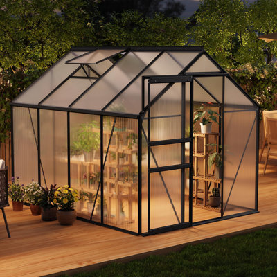 6x8 FT Polycarbonate Walk-In Greenhouse – with Heavy-Duty Aluminum Frame, Sliding Door, Adjustable Roof Vent & Rain Gutter – Perfect for Outdoor Backyard, Garden, Patio, Apartment Balcony