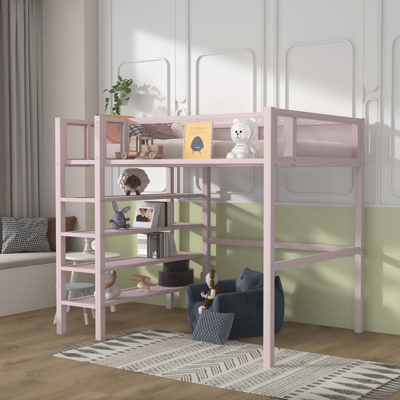 Alexandreia Metal Loft Bed with 4-Tier Shelves and Storage, Pink, Full