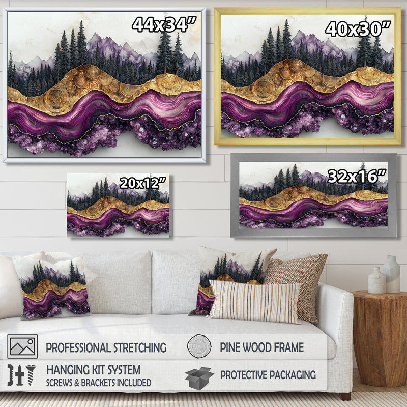 Forêt, rivière, améthyste, cristal I - forêt, art mural sur toile, H 12 po x l 20 po, Cadre simple, Blanc