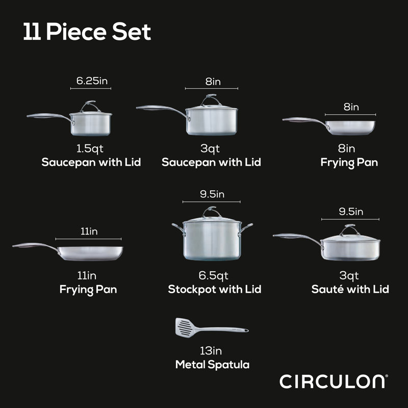 Circulon Stainless Steel Induction Cookware Set with SteelShield Hybrid Stainless and Nonstick Technology, 11 piece