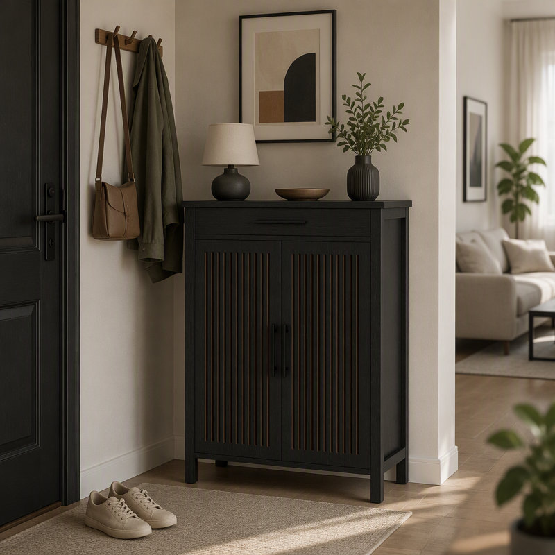 Armoire à chaussures rétro avec tablettes réglables et tiroir pour le rangement organisé du vestibule, Noir