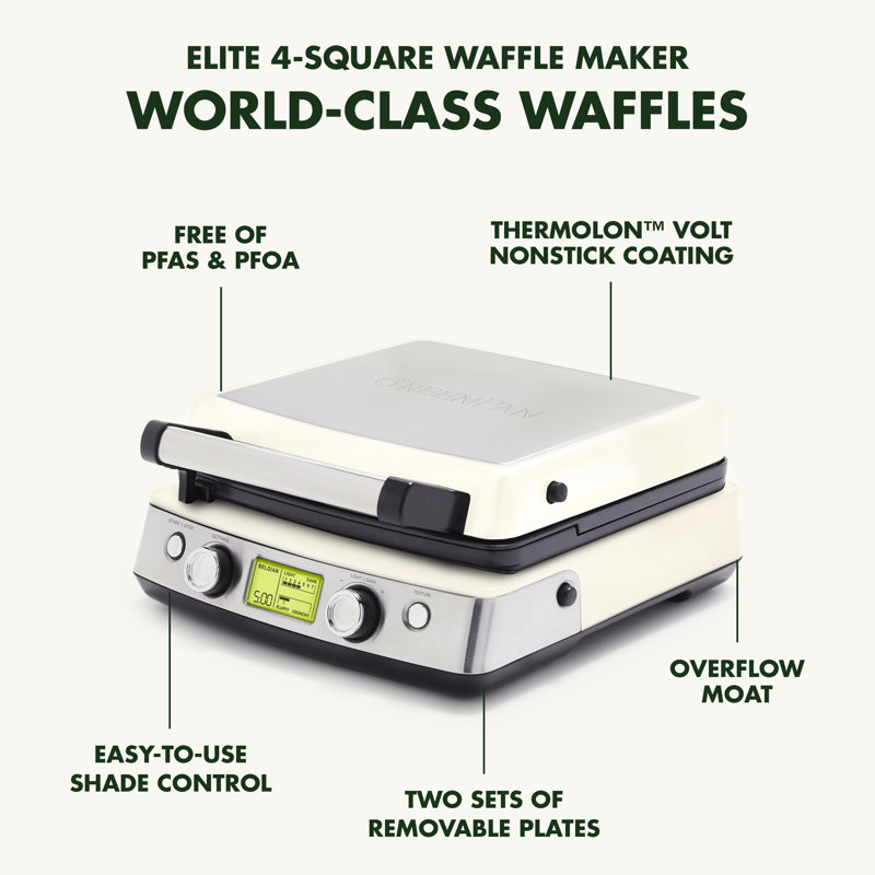 GreenPan Elite 4-Square Waffle Maker, Cloud Cream