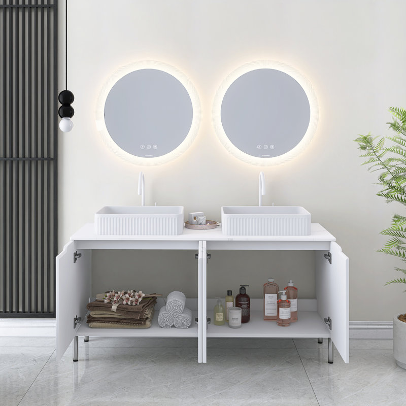 Meuble-lavabo de 60 po avec lavabo, armoire de rangement autoportante avec 4 portes, 2 lavabos rectangulaires en céramique à rayures blanches et comptoir blanc Carrara, sans robinet, couleur blanche