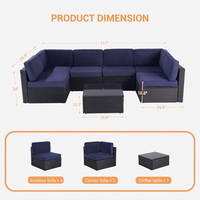 Jaiah 6 - Person Patio Conversation Set with Cushions, Navy Blue