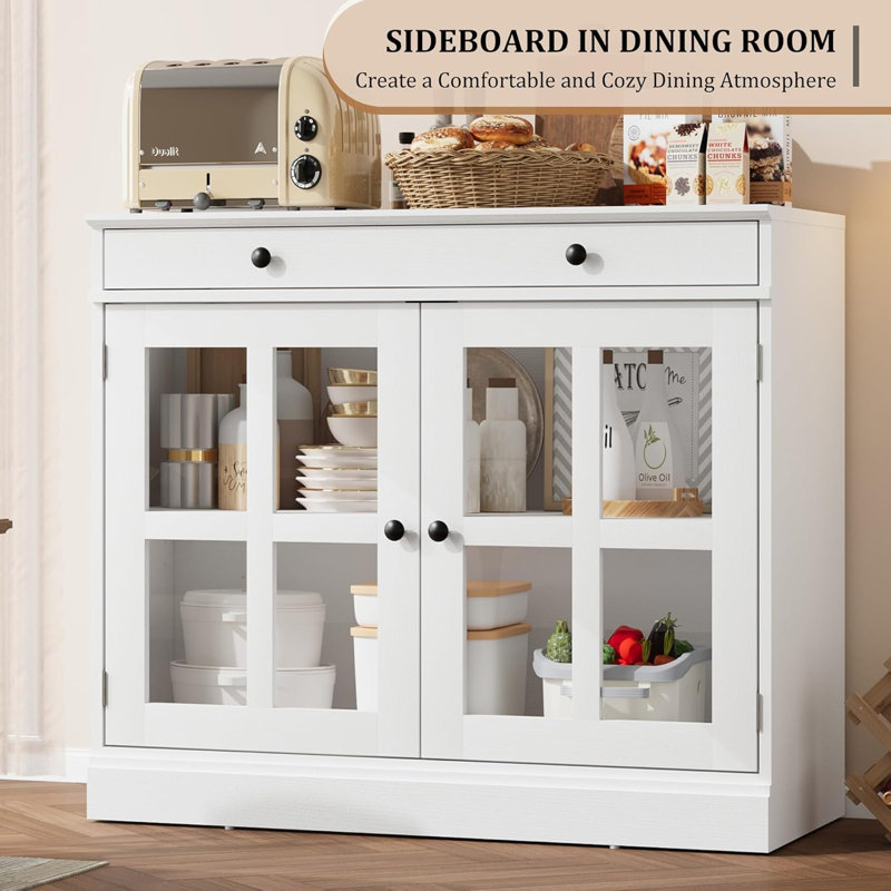 Modern Buffet Sideboard with 2 Glass Doors, Buffet Cabinet with Adjustable Shelf & Large Drawer, White