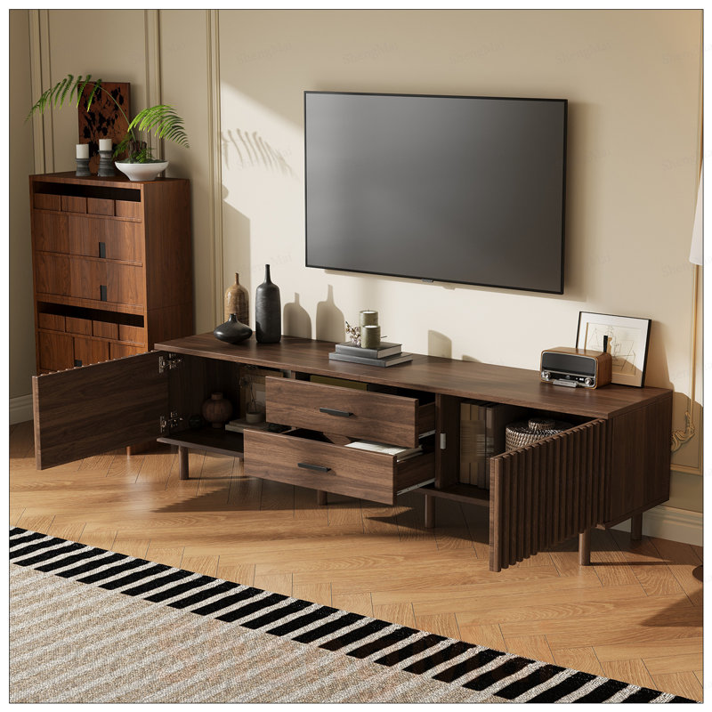 Meuble télé moderne pour téléviseur de 80 po ou moins avec beaucoup de rangement et des pieds en bois massif, parfait pour les salons organisés
