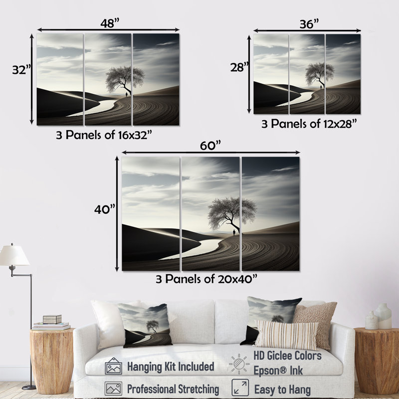 «Balck and White Solitude Tree - Desert», ensemble d'art sur toile, H 32 po x l 48 po x P 1 po